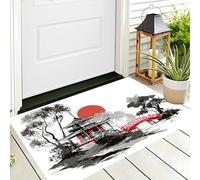 Zerbino 50 x 80 cm, per ingresso, antiscivolo, lavabile, per interni, a pelo corto,Stile pittura a inchiostro Ponte del Sole Rosso sulla Pagoda, piccolo tappeto per camera da lettoNero e rosso