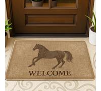Zerbino a forma di cavallo, rustico, con testo di benvenuto, marrone, lavabile, a basso profilo, per pavimento, decorazione per la casa, ingresso, portico esterno, balcone, 73 x 43 cm