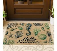 Zerbino a forma di cavallucci marini, estivo, con stella marina, corallo, verde estivo, lavabile, a basso profilo, decorazione per esterni, per porta d'ingresso, patio, 73 x 43 cm