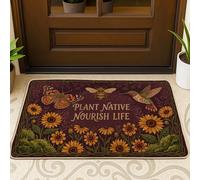 Zerbino a forma di farfalla, motivo con api botaniche e colibrì, viola primaverile, lavabile, a basso profilo, decorazione per la casa, per ingresso, portico esterno, balcone, 73 x 43 cm