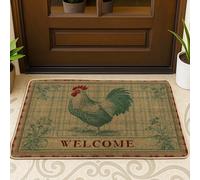Zerbino a forma di gallo, stile rustico con scritta "Welcome" e "Welcome", motivo floreale, non verde, lavabile, a basso profilo, decorativo, per esterni, porta d'ingresso, patio, 73 x 43 cm