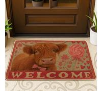 Zerbino a forma di mucca, rustico con rose e cuori primaverili, lavabile, a basso profilo, decorativo, per casa, interni, esterni, ingresso, portico, 73 x 43 cm