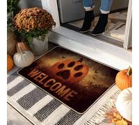 Zerbino a forma di zucca di Halloween, con stampa di zampe arancioni, per esterni e interni, decorazione di benvenuto, in gomma, impermeabile, antiscivolo, assorbe la polvere, facile da pulire, 73 x