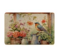 Zerbino a molla per uccelli, chalet, fattoria, acquerello, piante, foglie, finestre, fiori, verde, blu, rosa, gomma assorbente sporco, bagno, terrazza, ufficio, portico, casa