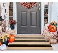 Zerbino a strati a righe beige e nere, piccolo tappeto in cotone 60x90 cm | Presenta un design a righe sovrapposte nei toni del beige e del nero; può essere utilizzato come zerbino di 60x90 cm o come
