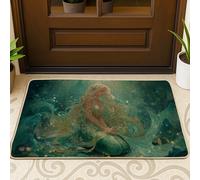 Zerbino a tema sirena, colore verde acqua, per interni ed esterni, design artistico, in gomma antiscivolo, cattura polvere, facile manutenzione, 73 x 43 cm