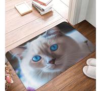 Zerbino antiscivolo per porta d'ingresso, lavabile, tappetino di benvenuto con gatto con occhi blu, tappetino per ingresso, tappetino in flanella assorbente, tappetino da bagno per camera da letto