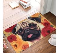 Zerbino assorbente e antiscivolo, motivo carlino, 40 x 60 cm, in flanella, tappetino di benvenuto, per esterni, porta d'ingresso, resistente, lavabile, per cucina, patio, portico