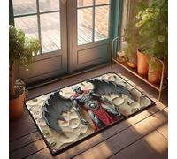 Zerbino autunnale con angelo scuro con ali e mantello rosso, zerbino invernale per esterni e autunno, tappetini di benvenuto per fror (65 x 90 cm)