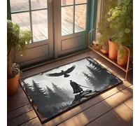 Zerbino autunnale per esterni con figura solitaria con un corvo in una foresta mistica, zerbino invernale di benvenuto (65 x 90 cm)