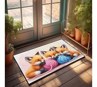 Zerbino autunnale per esterni, con tre volpi carine che giocano con filato colorato, tappeto autunnale per esterni per porta d'ingresso, divertente decorazione per patio (65 x 90 cm)