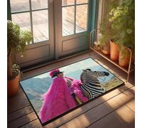 Zerbino autunnale per esterni per porta d'ingresso, con mantello rosa piumato cavalca una zebra, tappeto di benvenuto per porta d'ingresso, decorazione per interni (50 x 80 cm)