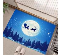Zerbino Blu Reale Per Interni 50X80Cm Slitta Di Natale Fantasy Foresta Nel Cielo Notturno Tappeti Antiscivolo Lavabile, Zerbino Ingresso Tappeto Piccolo Pelo Corto Per Camera Letto, Cucina Interno