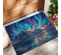 Zerbino Blu-Viola Aurora Boreale Lungo La Costa 70X100Cm Per Interni, Antiscivolo E Lavabile In Lavatrice, Tappeto Da Ingresso Stile Realismo Onirico, Pelo Basso E Antipelo Per Porta D’Ingresso
