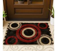 Zerbino circolare moderno, nero e rosso, tappeto per ingresso interno ed esterno, elegante decorazione geometrica, tappetino in gomma impermeabile antiscivolo per controllo della polvere, facile da