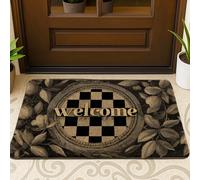 Zerbino classico nero a scacchi con motivo floreale vintage, per tutte le stagioni, per interni ed esterni, antiscivolo, facile da pulire, 73 x 43 cm