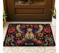 Zerbino colorato con gatto, motivo floreale con gatto alato, per interni ed esterni, antiscivolo, impermeabile, resistente alla polvere, facile da pulire, 73 x 43 cm