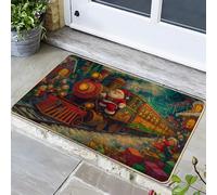 Zerbino colorato con treno di Babbo Natale, per ingresso natalizio interno ed esterno, decorazione stagionale festiva, in gomma antiscivolo, per porta d'ingresso di Natale, 73 x 43 cm
