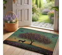 Zerbino con albero e gatto, motivo floreale viola, per interni ed esterni, in gomma, impermeabile, antiscivolo, assorbe la polvere, facile da pulire, 73 x 43 cm