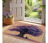 Zerbino con albero primaverile, motivo gatto con fiori di viola, per interni ed esterni, decorazione per cottage, in gomma, impermeabile, antiscivolo, assorbe la polvere, facile da pulire, 73 x 43 cm