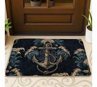 Zerbino con ancoraggi nautici, motivo onde oceaniche, per interni ed esterni, decorazione vintage marina, antiscivolo, impermeabile, anti-polvere, facile da pulire, 73 x 43 cm