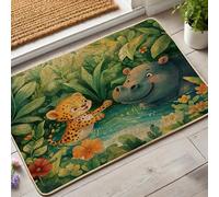 Zerbino con animali della giungla, colorato leopardo e ippopotamo, tappetino per ingresso per interni ed esterni, decorazione tropicale per la casa, tappetino antiscivolo e impermeabile, facile da