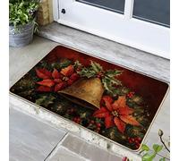 Zerbino con campanella natalizia, motivo stelle di Natale rosse, per ingresso esterno e interno, decorazione per le vacanze, in gomma, lavabile, antiscivolo, per porta d'ingresso invernale, 73 x 43 cm