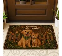 Zerbino con cane di benvenuto, rustico e fantasioso gatto fiori nessuno marrone, lavabile, a basso profilo, decorazione per ingresso, portico, bagno, ufficio, 73 x 43 cm