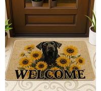Zerbino con cane nero, tappetino decorativo con girasole, per interni ed esterni, decorazione per casa colonica, impermeabile, antiscivolo, raschietto per fango, facile da pulire, 73 x 43 cm