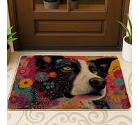Zerbino con cane vibrante, tappetino bianco e nero per interni ed esterni, decorazione floreale, in gomma, impermeabile, antiscivolo, assorbe la polvere, facile da pulire, 73 x 43 cm