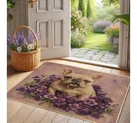 Zerbino con cani francesi, motivo floreale viola, per interni ed esterni, in gomma, impermeabile, antiscivolo, assorbe la polvere, facile da pulire, 73 x 43 cm