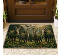 Zerbino con capra di benvenuto, natura rustica farfalla trifoglio primavera verde lavabile, a basso profilo, decorativo, decorazione per la casa per ingresso esterno portico balcone 73 x 43 cm