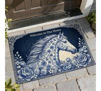 Zerbino con cavallo di benvenuto, elegante ornamento artistico con fiori, nessuno blu navy, antiscivolo, decorazione per esterni per porta d'ingresso, patio, 73 x 43 cm