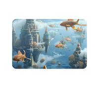 Zerbino con città galleggiante delle scuole di pesce tra le nuvole, unico zerbino personalizzato per interni ed esterni, tappetino di benvenuto personalizzato con materiale in poliestere resistente e