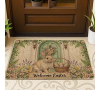 Zerbino con coniglio, primaverile rustico, per porta pasquale, verde, lavabile, a basso profilo, decorazione per esterni, per ingresso anteriore e patio, 73 x 43 cm