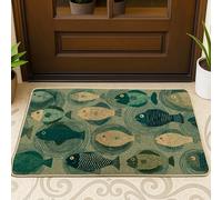 Zerbino con design a pesce, tappetino di benvenuto blu e verde, per ingresso esterno e interno, decorazione costiera, in gomma, impermeabile, antiscivolo, assorbe la polvere, facile da pulire, 73 x 43