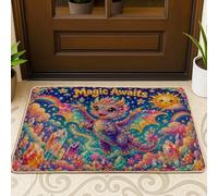 Zerbino con drago di benvenuto, fantasioso sole, arcobaleno, primavera, viola, antiscivolo, decorazione per la casa, ingresso, veranda, balcone, 73 x 43 cm