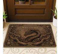 Zerbino con drago di benvenuto, marrone con creatura mitica per interni ed esterni, decorazione rustica, in gomma, impermeabile, antiscivolo, assorbe la polvere, facile da pulire, 73 x 43 cm