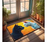 Zerbino con due gatti uno di fronte all'altro su uno sfondo arancione vivace, zerbino di benvenuto primaverile, per esterni, decorazione per grotte (65 x 90 cm)