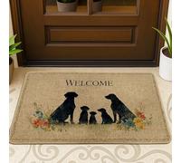 Zerbino con famiglia di cani di benvenuto, cuccioli di labrador nero, decorazione per interni ed esterni, tappetino anteriore in gomma antiscivolo, facile da pulire, 73 x 43 cm