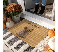 Zerbino con fantasma con scritta "Welcome Ghim", motivo zucca gialla a quadretti, decorazione per interni ed esterni, in gomma, antiscivolo, assorbe la polvere, facile da pulire, 73 x 43 cm