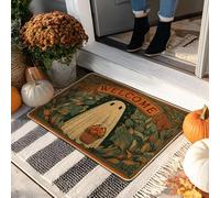 Zerbino con fantasma di Halloween, verde e arancione, tappetino di benvenuto per interni ed esterni, decorazione autunnale, in gomma, antiscivolo, assorbe la polvere, facile da pulire, 73 x 43 cm