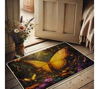 Zerbino con farfalle, motivo floreale giallo e viola, per interni ed esterni, decorazione rustica, impermeabile, antiscivolo, assorbe la polvere, facile da pulire, 73 x 43 cm