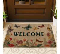 Zerbino con farfalle, vintage con fiori naturali di benvenuto primaverile, in gomma verde, antiscivolo, per casa, interni, esterni, ingresso, portico, decorazione, 73 x 43 cm