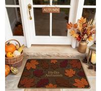 Zerbino con foglie di benvenuto, zucche rustiche stagionali Hello Fall marrone, lavabile, a basso profilo, per pavimento, decorazione per esterni, porta d'ingresso, patio, 73 x 43 cm