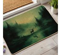 Zerbino con foresta nebbiosa, motivo cervo verde scuro, per interni ed esterni, decorazione rustica, in gomma, impermeabile, antiscivolo, assorbe la polvere, facile da pulire, 73 x 43 cm