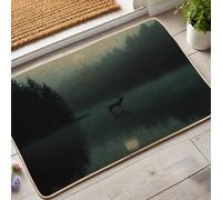 Zerbino con foresta nebbiosa, motivo cervo verde scuro, per interni ed esterni, decorazione rustica, in gomma, impermeabile, antiscivolo, assorbe la polvere, facile da pulire, 73 x 43 cm