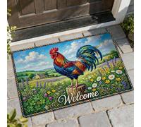 Zerbino con gallo di benvenuto, con fiori rustici e erba primaverile, multicolore, lavabile, a basso profilo, per casa, interni, esterni, ingresso, portico, decorazione, 73 x 43 cm