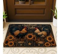 Zerbino con gallo di benvenuto, rustico, girasole, stelle, autunno, blu navy, lavabile, a basso profilo, decorativo, decorazione per esterni, porta d'ingresso, patio, 73 x 43 cm