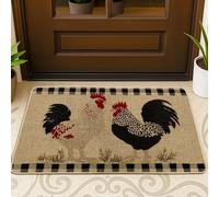 Zerbino con gallo in stile fattoria, nero, bianco e rosso, design con galline di campagna, per interni ed esterni, per tutte le stagioni, decorazione rustica, assorbente all'acqua, antiscivolo